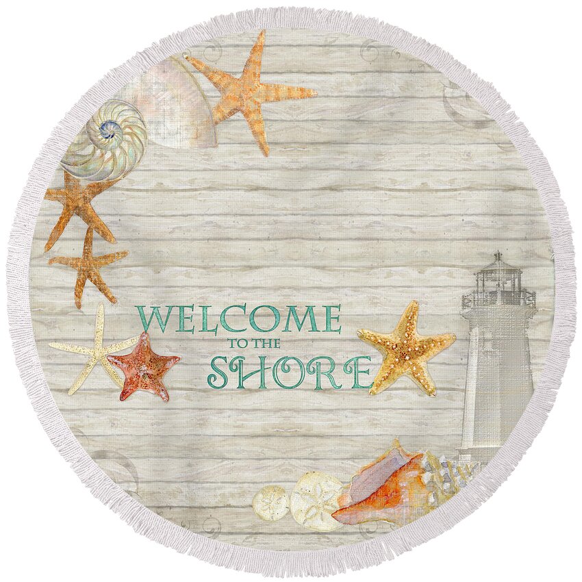 Welcome Round Beach Towel featuring the painting Refreshing Shores - Welcome to the Shore Lighthouse by Audrey Jeanne Roberts