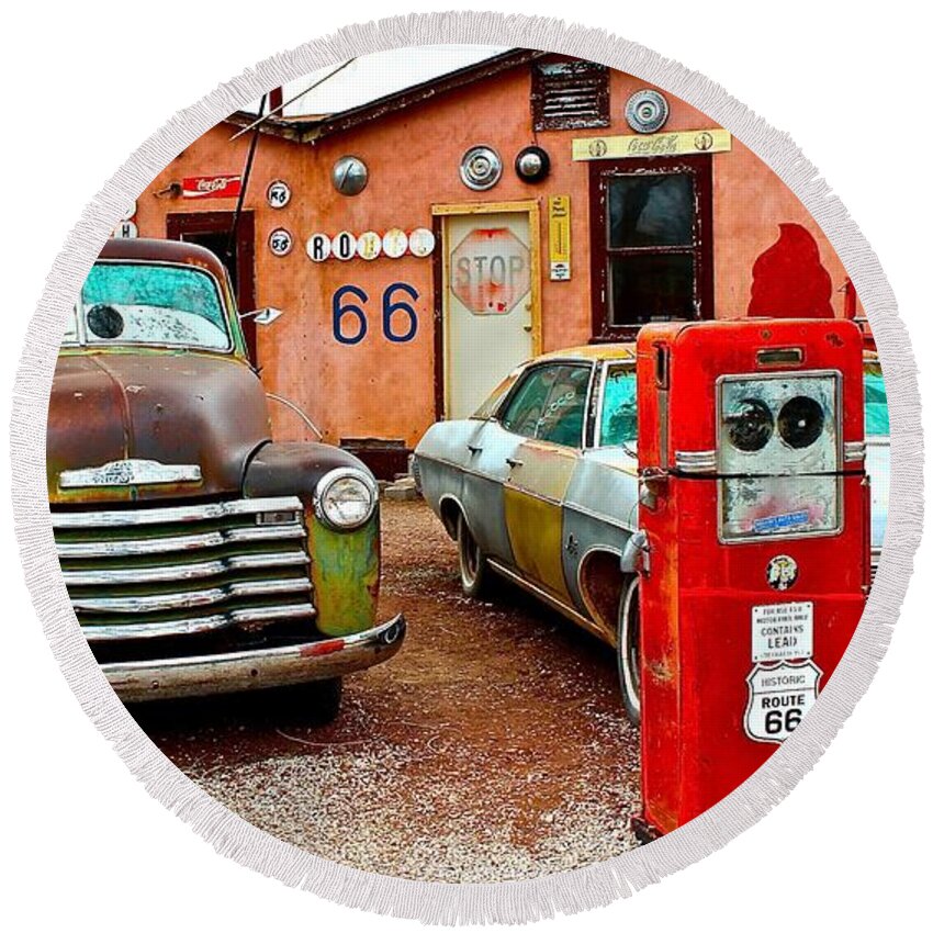 Route 66 Round Beach Towel featuring the photograph Refueling on Route 66 by Barbara Zahno