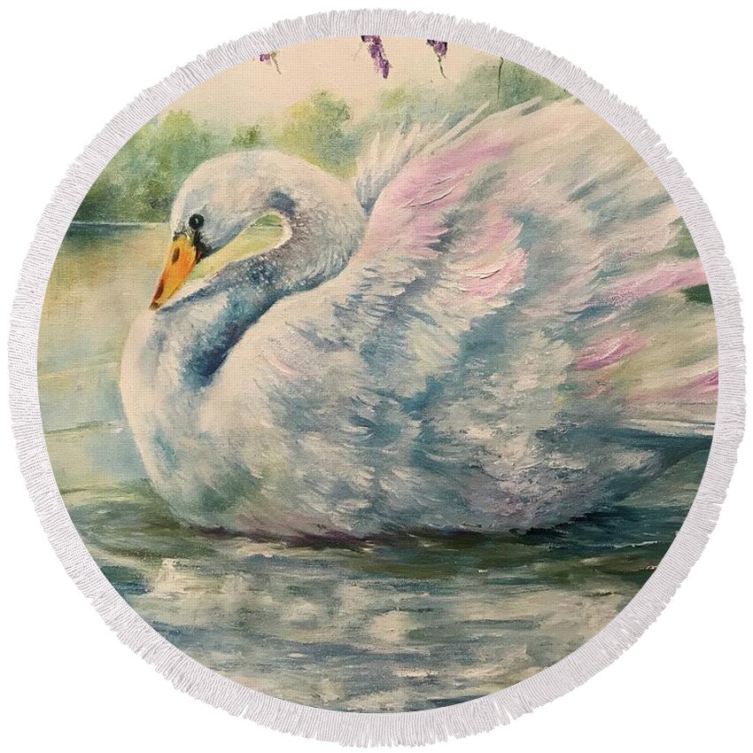 Swan Round Beach Towel featuring the painting Regal Swan by ML McCormick