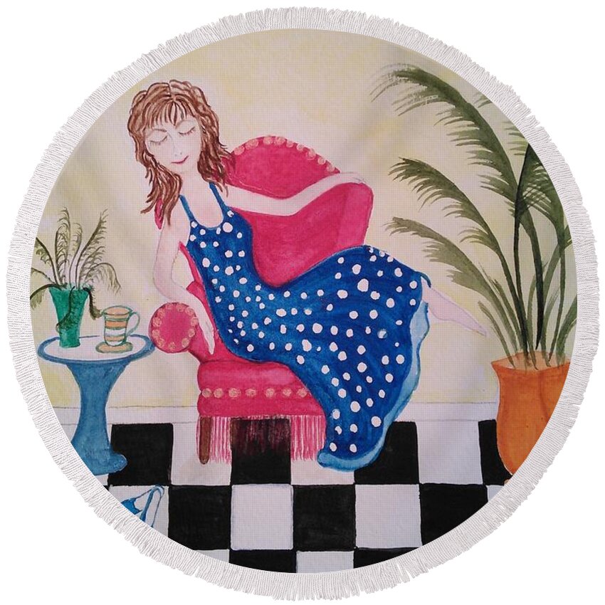 Whimsical Round Beach Towel featuring the painting Relax by Susan Nielsen