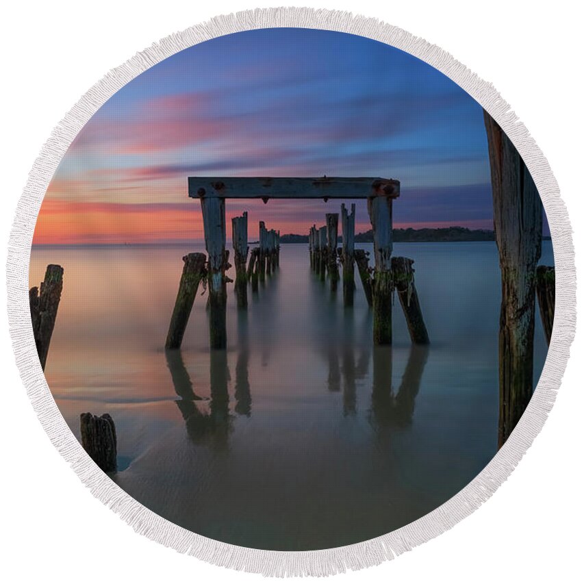 Sunrise; Massachusetts; New England; Pier; Historic; Long Exposure; Ocean; Beverly; Beverly Farms; West Beach; Misery Island; East Coast; Usa; Red; Orange; Peaceful; Calm; Soothing; Tranquil; Morning; Alone; Old; Relic; Blizzard Of '78; Remains; Relic Round Beach Towel featuring the photograph Relic by Rob Davies