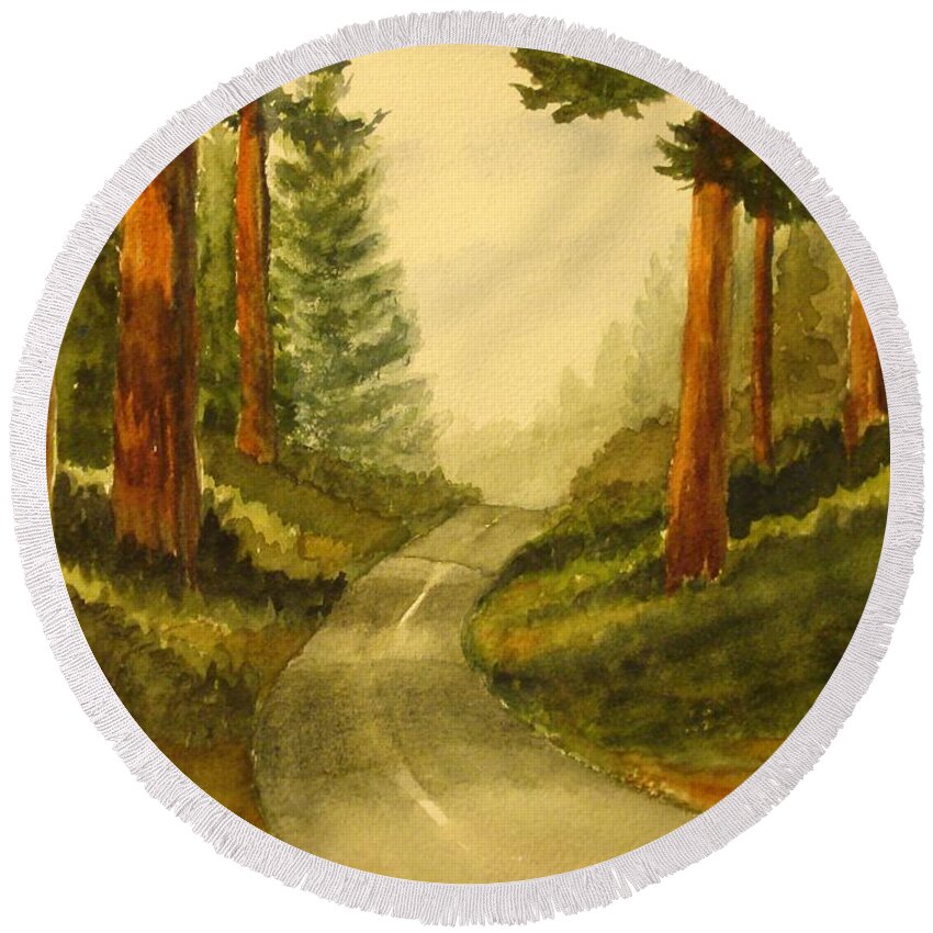 Redwoods Round Beach Towel featuring the painting Remembering Redwoods by Marilyn Jacobson