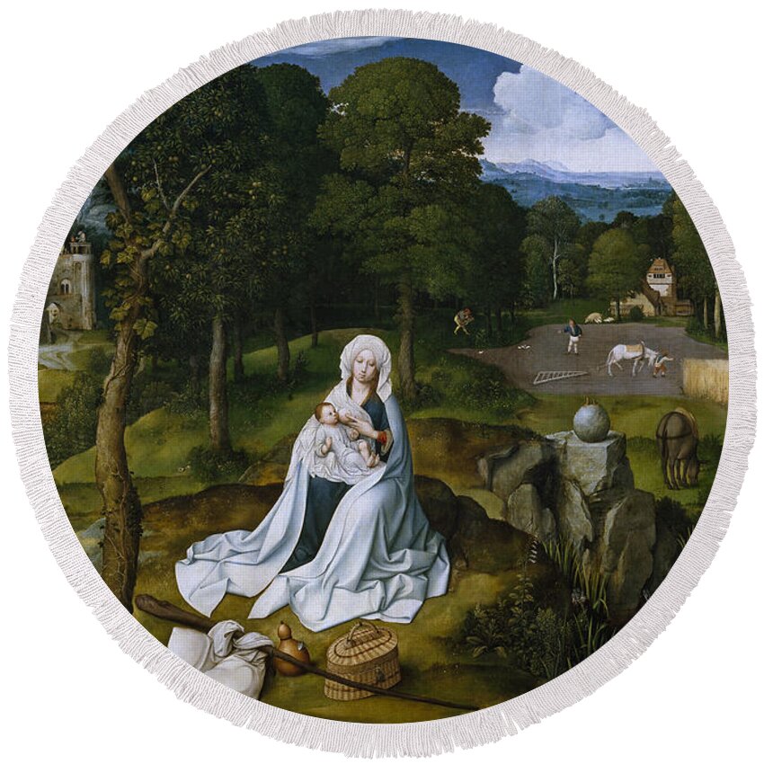 Joachim Patinir Round Beach Towel featuring the painting Rest during the Flight to Egypt by Joachim Patinir