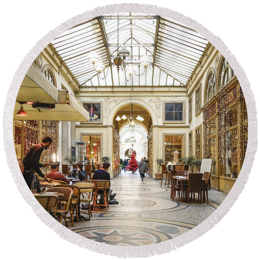 Galerie Round Beach Towel featuring the photograph Restaurant at Covered passage Galerie Vivienne, Paris by Perry Van Munster