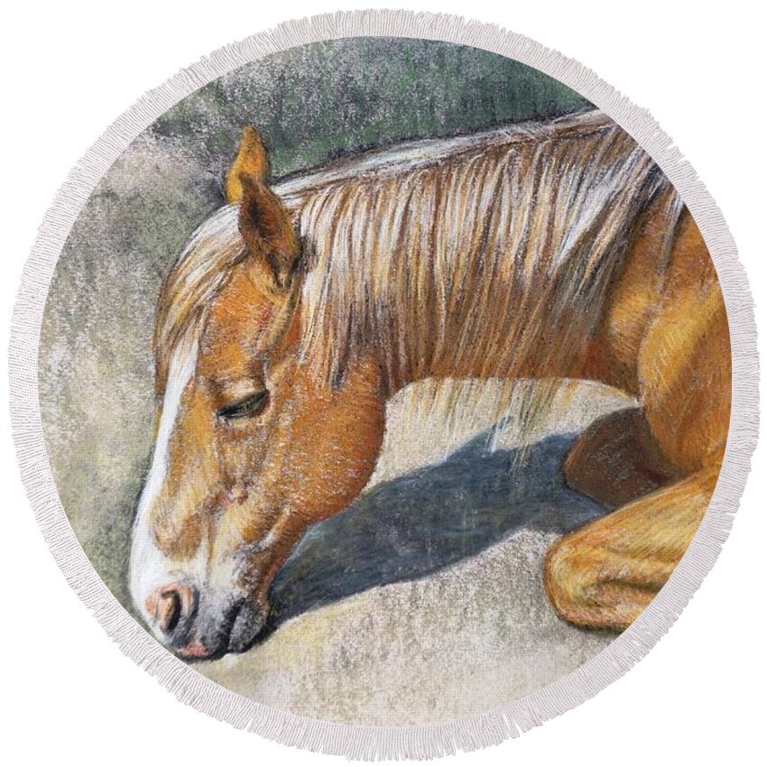 Horse Round Beach Towel featuring the pastel Resting Horse by Sue Halstenberg