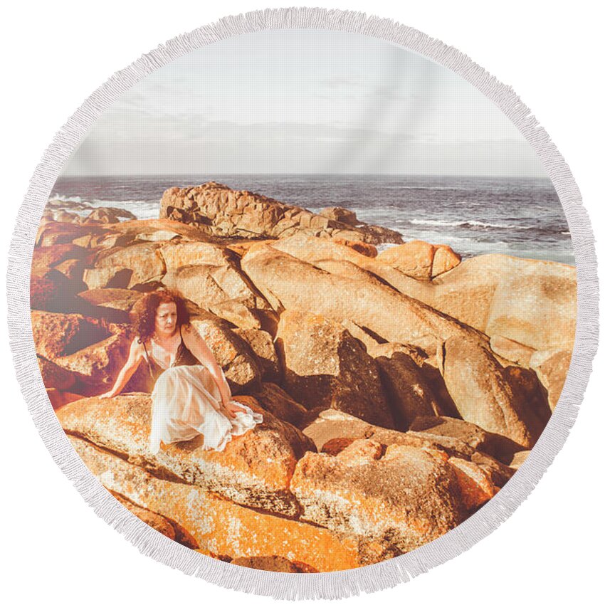 Ocean Round Beach Towel featuring the photograph Resting on a cliff near the ocean by Jorgo Photography