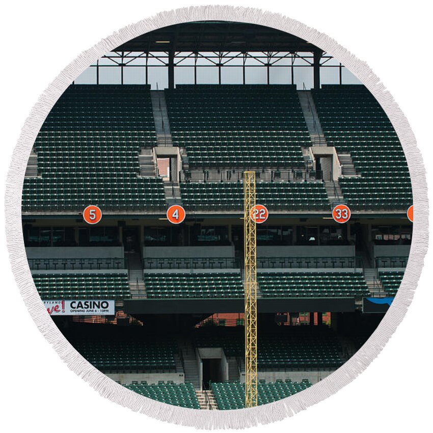 Oriole Park Round Beach Towel featuring the photograph Retired Numbers of The Orioles Greatest Ever by Paul Mangold