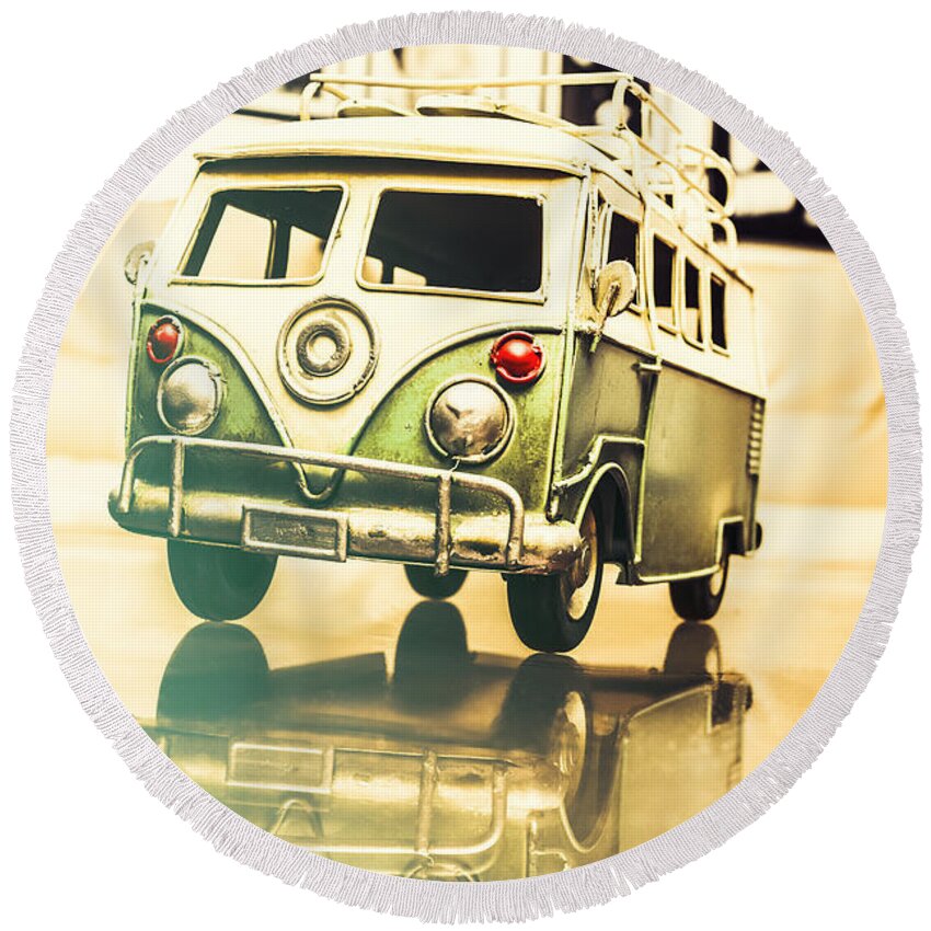 Vehicle Round Beach Towel featuring the photograph Retro 60s toy van by Jorgo Photography