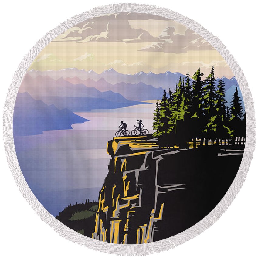 Cycling Round Beach Towel featuring the digital art Retro Beautiful BC Travel poster by Sassan Filsoof