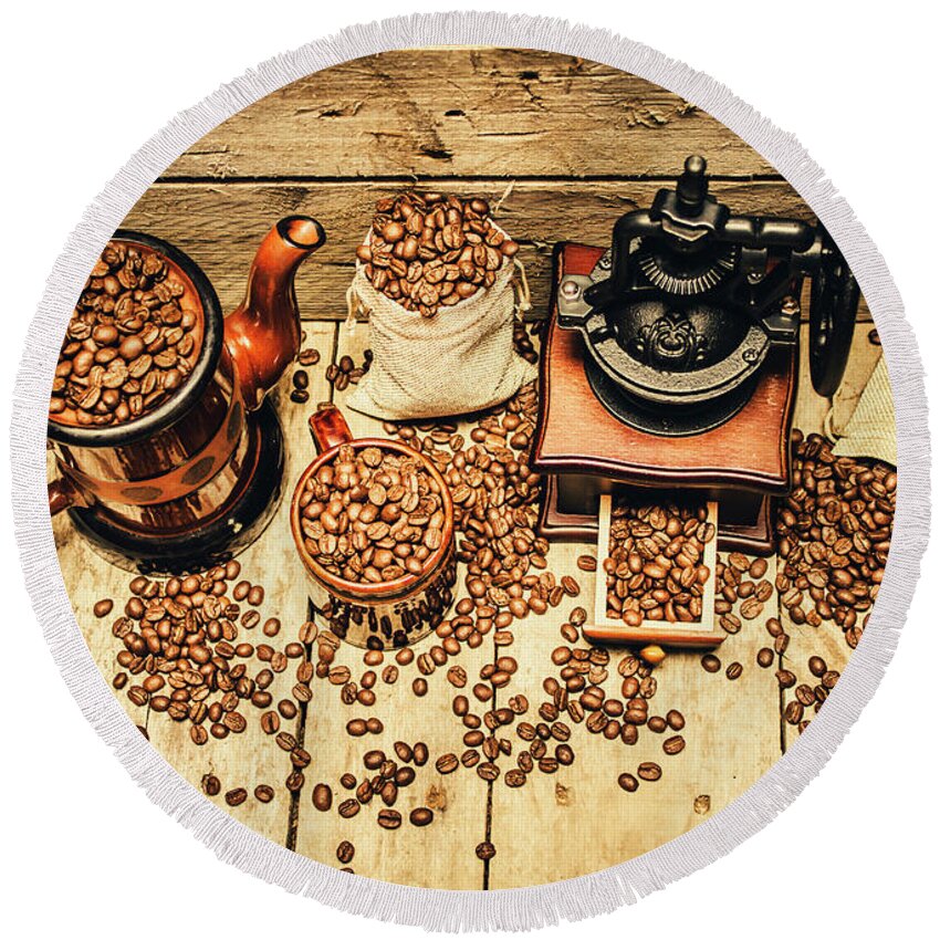 Grinder Round Beach Towel featuring the photograph Retro coffee bean mill by Jorgo Photography