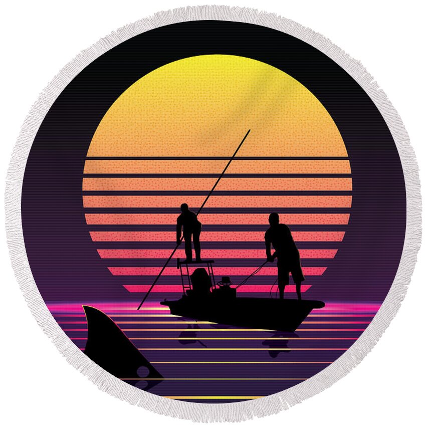 80's Round Beach Towel featuring the digital art Retro Redfish by Kevin Putman