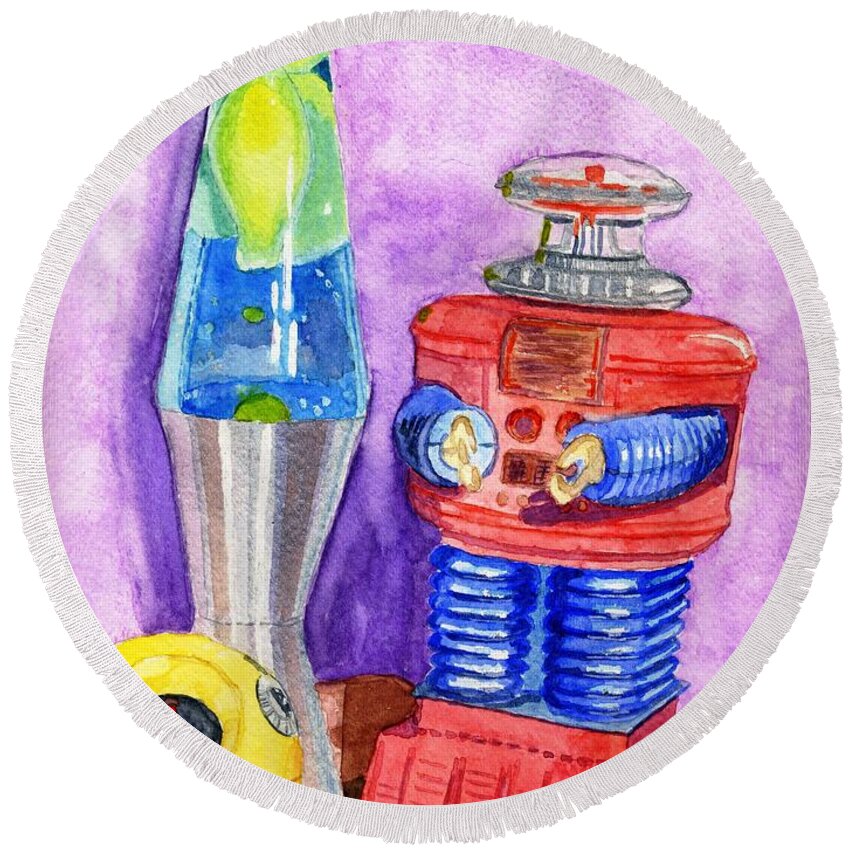 Watercolor Round Beach Towel featuring the painting Retro Toys by Lynne Reichhart