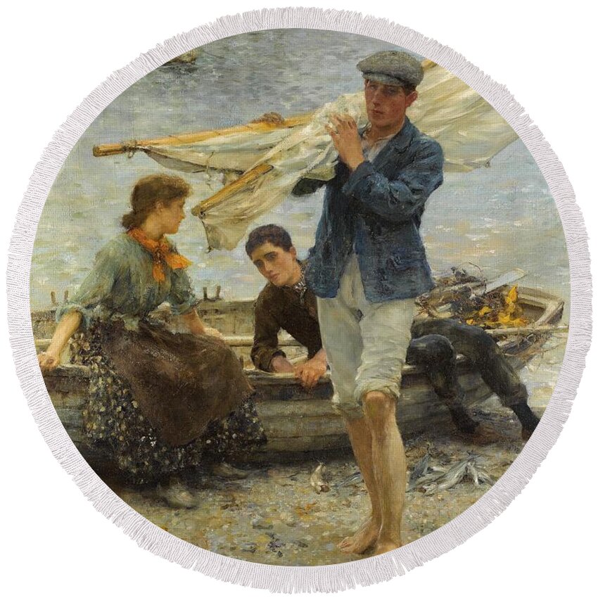 Return From Fishing Round Beach Towel featuring the painting Return from Fishing by Henry Scott Tuke