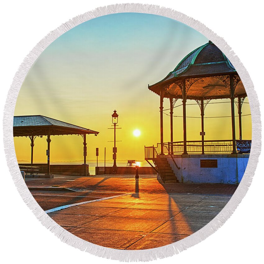 Revere Round Beach Towel featuring the photograph Revere Beach Bandstand at Sunrise Revere Beach by Toby McGuire
