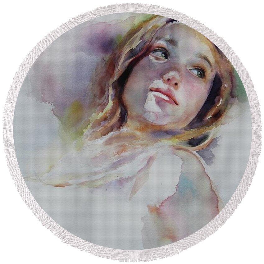 Watercolor Round Beach Towel featuring the painting Reverie by Tracy Male