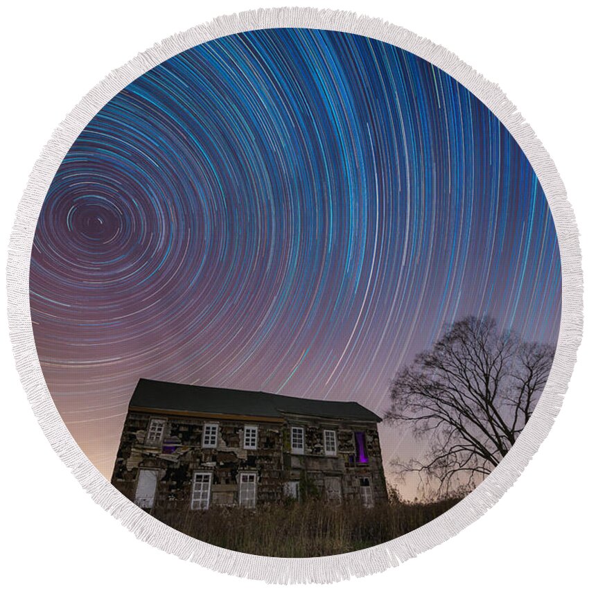 Revolution Round Beach Towel featuring the photograph Revolutionary War House Star Trails by Michael Ver Sprill