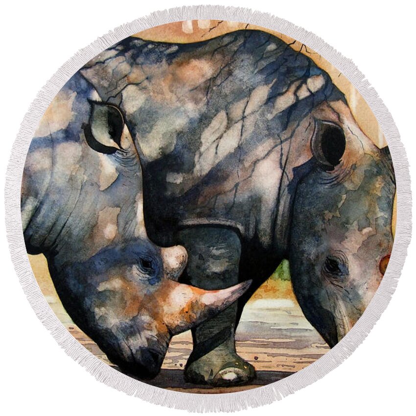Rhino Round Beach Towel featuring the painting Rhinos in dappled shade. by Paul Dene Marlor