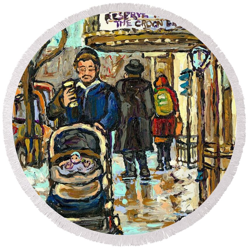Montreal Round Beach Towel featuring the painting Rialto Theatre Beatles Marquee Cell Phone Man Baby Carriage Winter Park Ave Montreal Carole Spandau by Carole Spandau