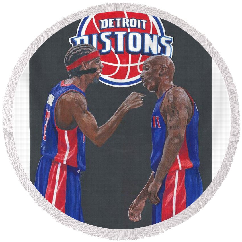 Detroit Pistons Round Beach Towel featuring the drawing Richard Hamilton and Chauncey Billups by Chris Brown
