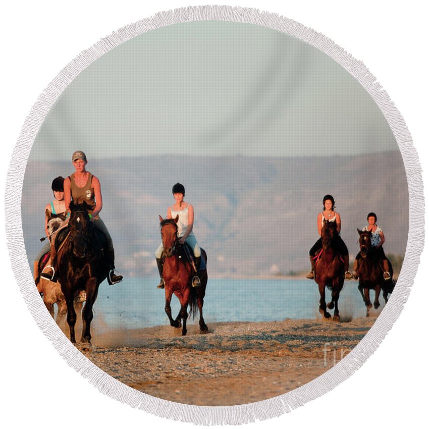 Horse Horseback Riding Round Beach Towel featuring the photograph Riders on the Beach by Rich S