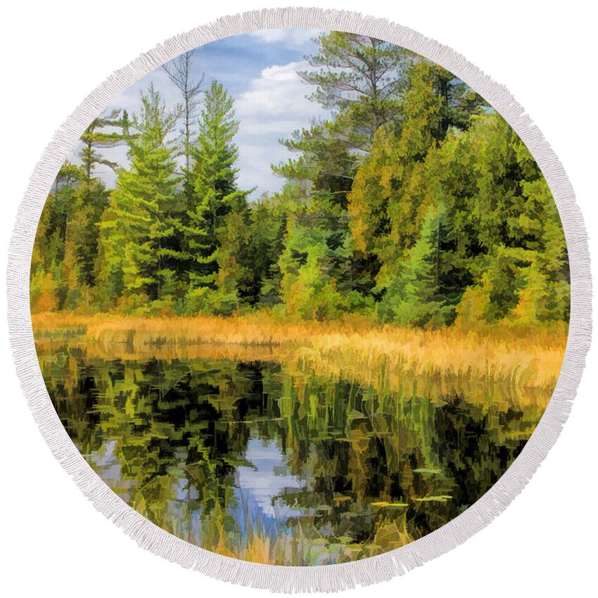 Door County Round Beach Towel featuring the painting Ridges Sanctuary Reflections by Christopher Arndt