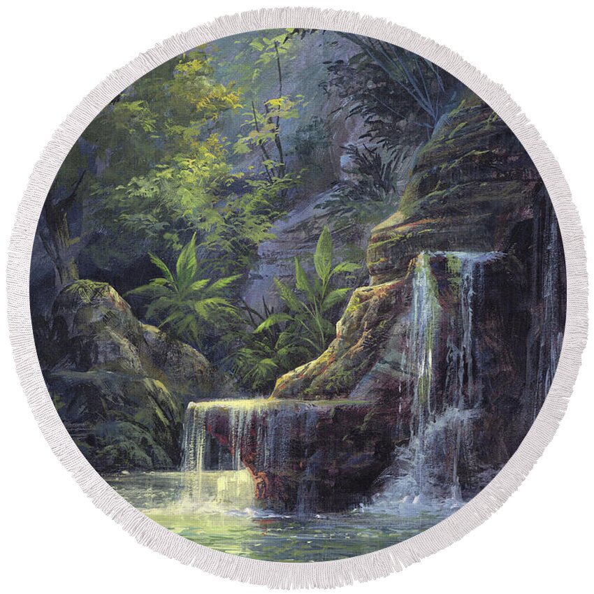 Michael Humphries Round Beach Towel featuring the painting Rim Lit Falls by Michael Humphries