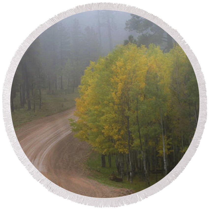 Autumn Round Beach Towel featuring the photograph Rim Road by Matalyn Gardner