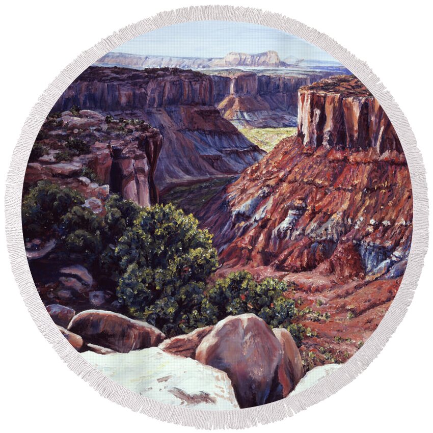 Landscape Round Beach Towel featuring the painting Rimrocked No Way Down by Page Holland