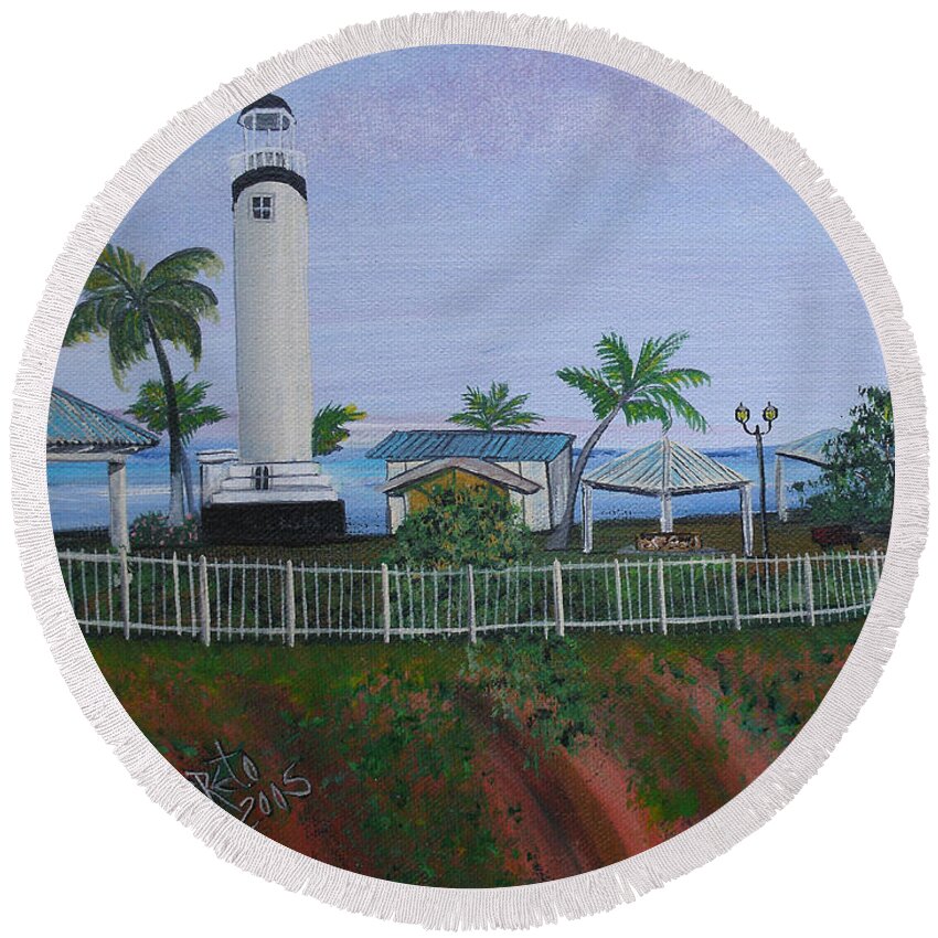 Lighthouse In Rincon By The Ocean Of The Island Of Puerto Rico Round Beach Towel featuring the painting Rincon's Lighthouse by Gloria E Barreto-Rodriguez