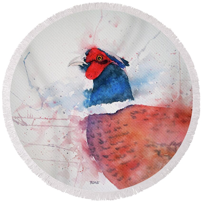 Ring-necked Pheasant Round Beach Towel featuring the painting Ring-necked Pheasant by Rebecca Davis
