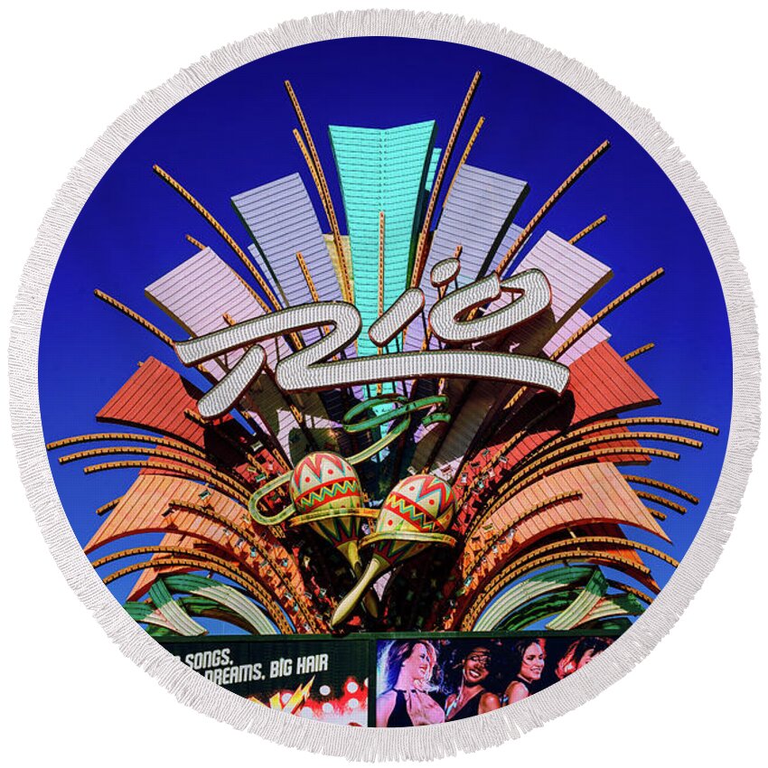 The Rio Round Beach Towel featuring the photograph Rio Casino Sign in the Day by Aloha Art