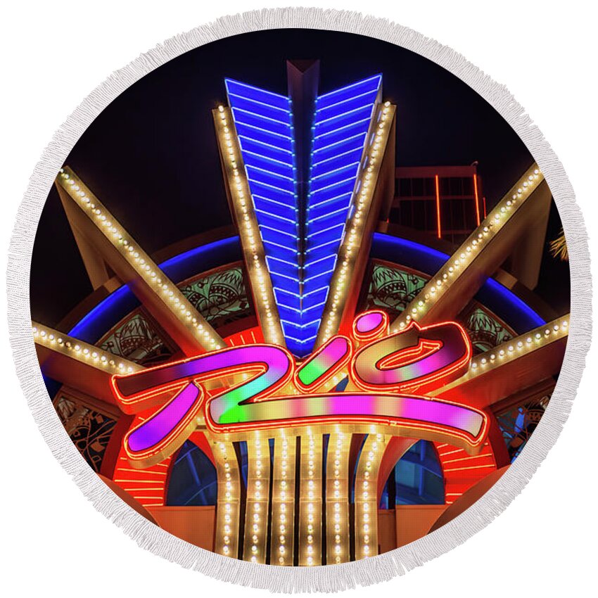 The Rio Round Beach Towel featuring the photograph Rio Casino Small Neon Sign by Aloha Art