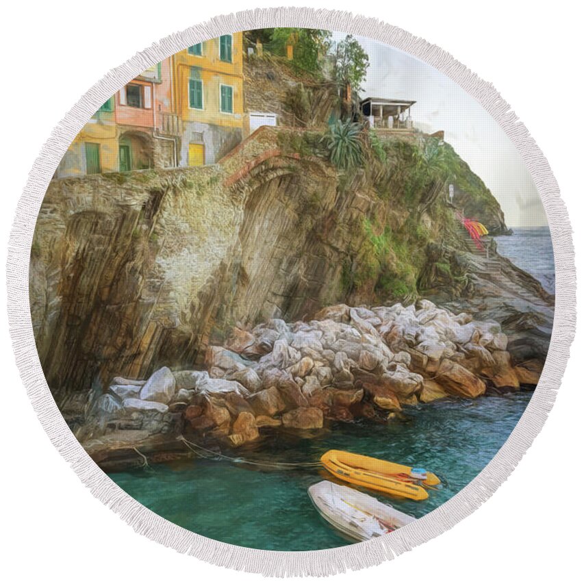 Cinque Terre 5terre Round Beach Towel featuring the photograph Riomaggiore Cinque Terre Italy Morning Painterly by Joan Carroll