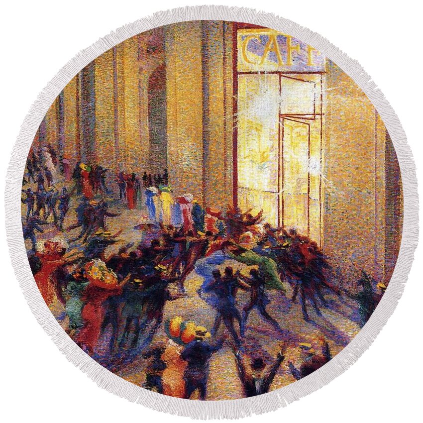 Riot In The Galleria Umberto Boccioni Round Beach Towel featuring the painting Riot in the Galleria Umberto Boccioni by MotionAge Designs