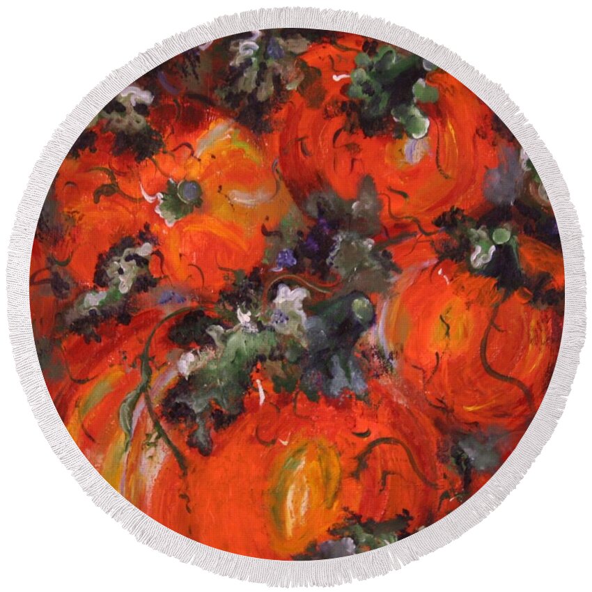 Pumpkins Round Beach Towel featuring the painting Ripe For Picking by Marilyn Quigley