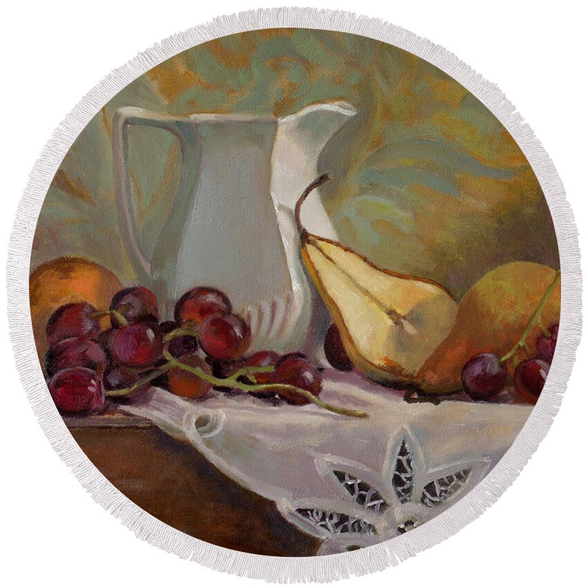 Still Round Beach Towel featuring the painting Ripening Pears With Grapes by Keith Burgess