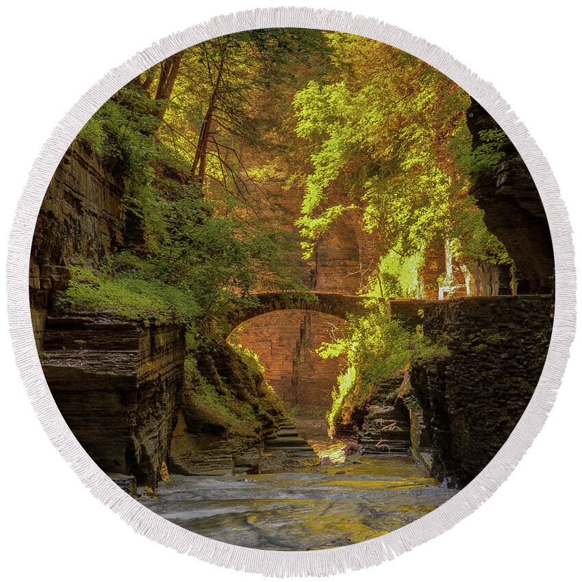Gorge Round Beach Towel featuring the photograph Rivendell Bridge by Rod Best