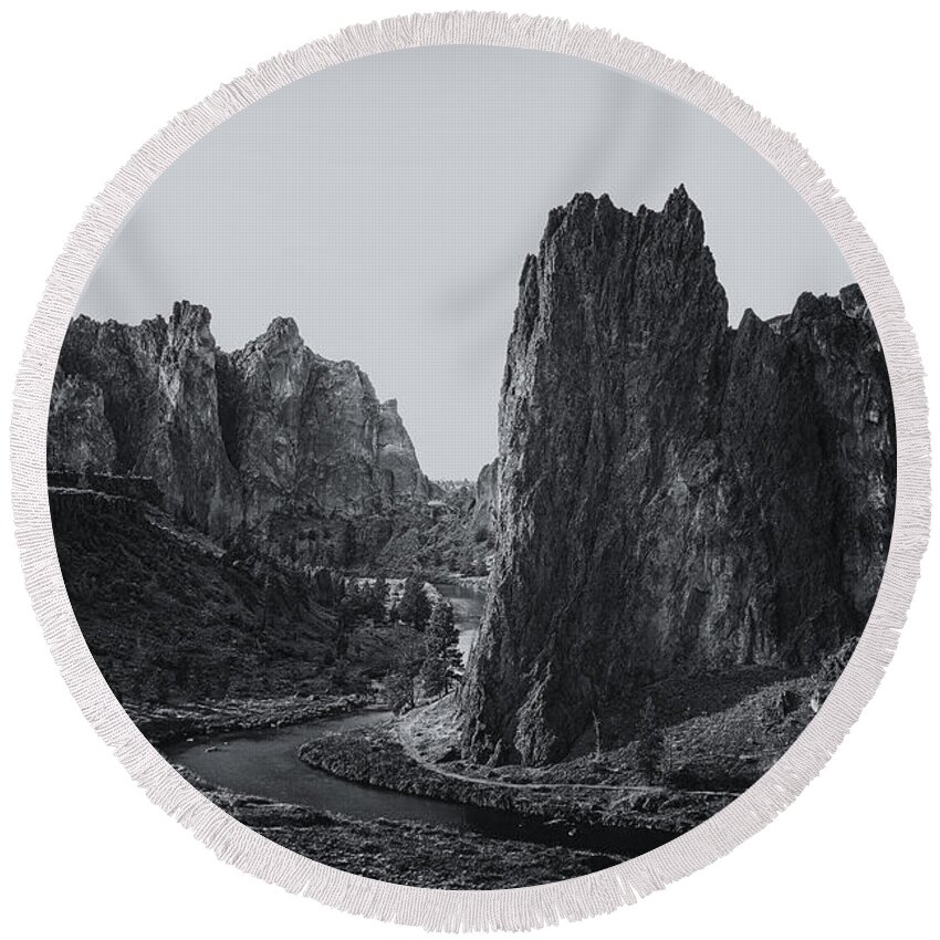 Smith Rock Round Beach Towel featuring the photograph River and Rock bw by Belinda Greb
