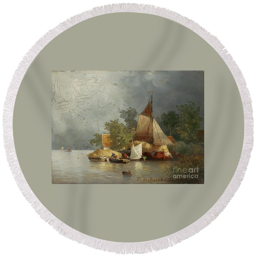 Andreas Achenbach Round Beach Towel featuring the painting River Landscape With Barges by MotionAge Designs