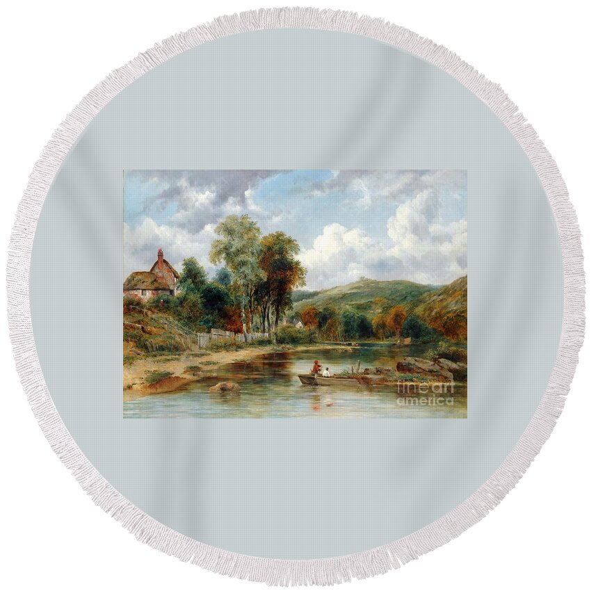 Frederick Waters Watts - River Landscape With Two Boys In A Boat Fishing Round Beach Towel featuring the painting River Landscape with Two Boys by MotionAge Designs