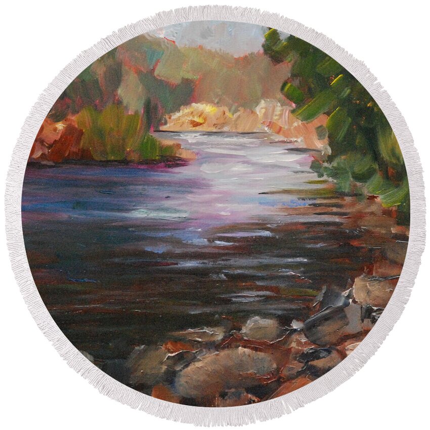 Plein Air Round Beach Towel featuring the painting River Light by Mary Benke