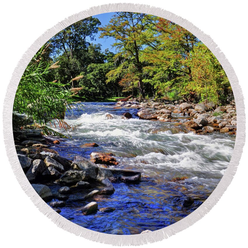 Texas Hill Country Round Beach Towel featuring the photograph River Rapids by Savannah Gibbs