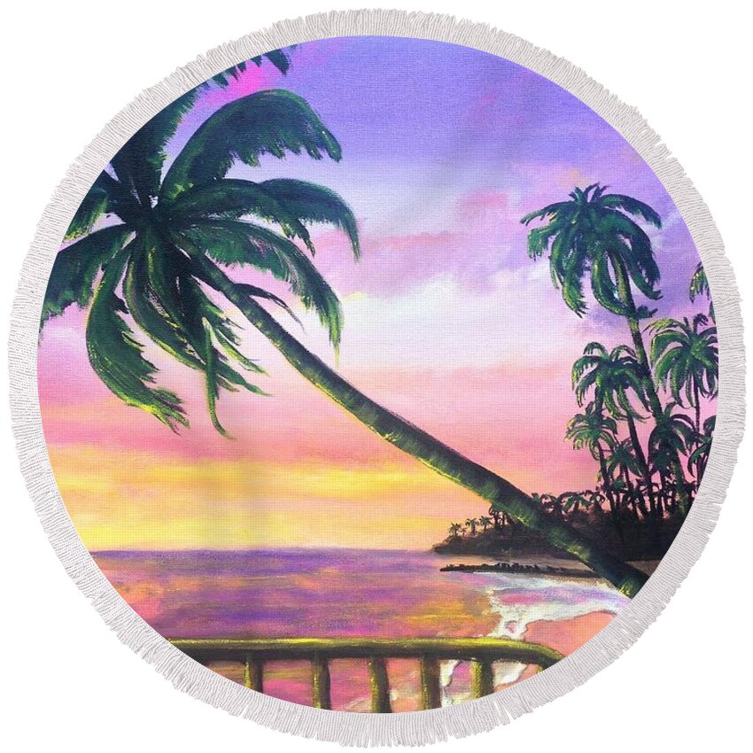 Palm Round Beach Towel featuring the painting River Road Sunrise by Dawn Harrell