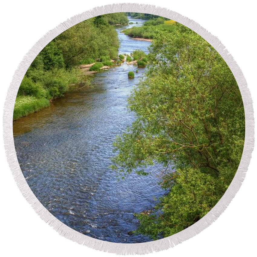 Hay On Wye Round Beach Towel featuring the photograph River Wye from Hay-on-Wye Bridge by Chris Day