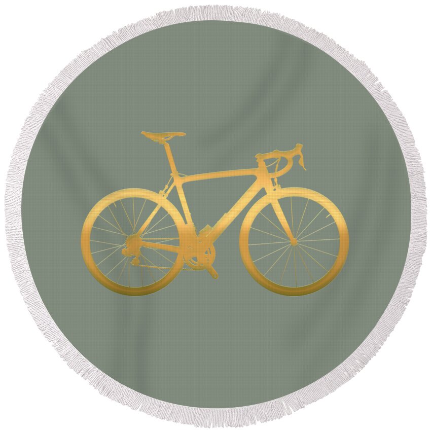'two-wheel Drive' Collection By Serge Averbukh Round Beach Towel featuring the digital art Road Bike Silhouette - Gold on Beige Canvas by Serge Averbukh