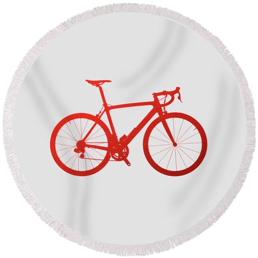 'two-wheel Drive' Collection By Serge Averbukh Round Beach Towel featuring the digital art Road Bike Silhouette - Red on White Canvas by Serge Averbukh