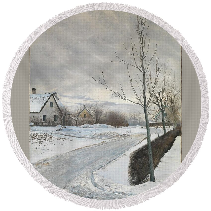 Road In The Village Of Baldersbr�nde (winter Day) Laurits Andersen Ring Round Beach Towel featuring the painting Road in the Village of Baldersbrnde by Laurits Andersen Ring