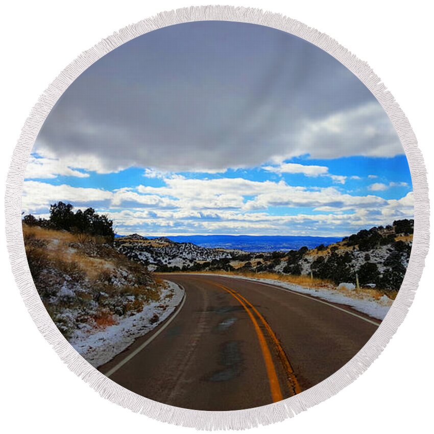 Southwest Landscape Round Beach Towel featuring the photograph Road to blue skys by Robert WK Clark