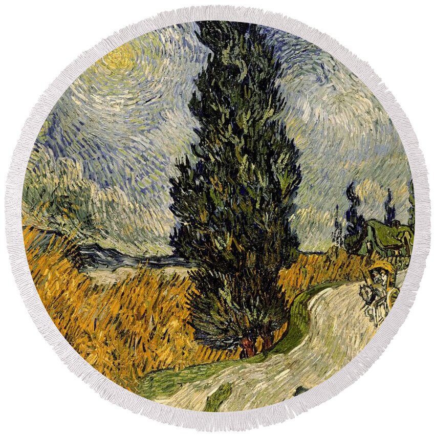Road Round Beach Towel featuring the painting Road with Cypresses by Vincent Van Gogh