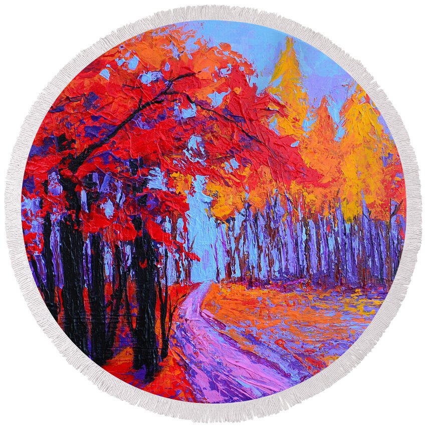 Time Within - Enchanted Forest Collection - Modern Impressionist Landscape Art - Palette Knife Round Beach Towel featuring the painting Road Within - Enchanted Forest Series - Modern Impressionist Landscape Painting - Palette Knife by Patricia Awapara